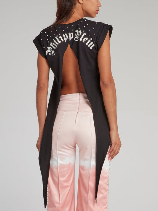 Black Slit Back Pearl Embellished Top