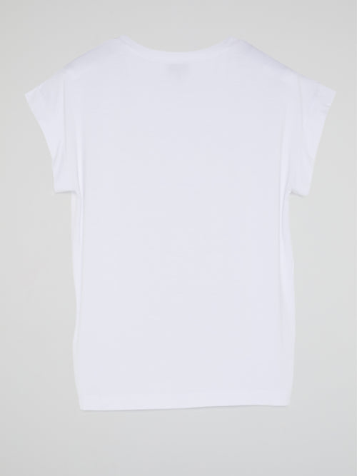 White Printed Cap Sleeve T-Shirt