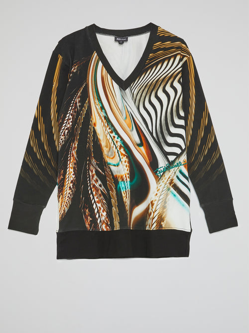 Feather Print V-Neck Pullover