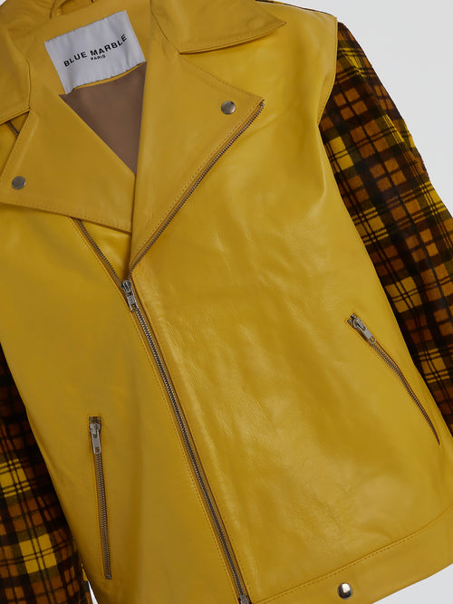 Yellow Plaid Panel Fringe Moto Jacket